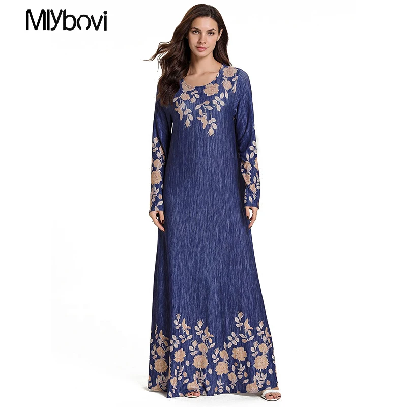 Вышивка Для женщин мусульманское платье синий Лоскутная Повседневное Макси