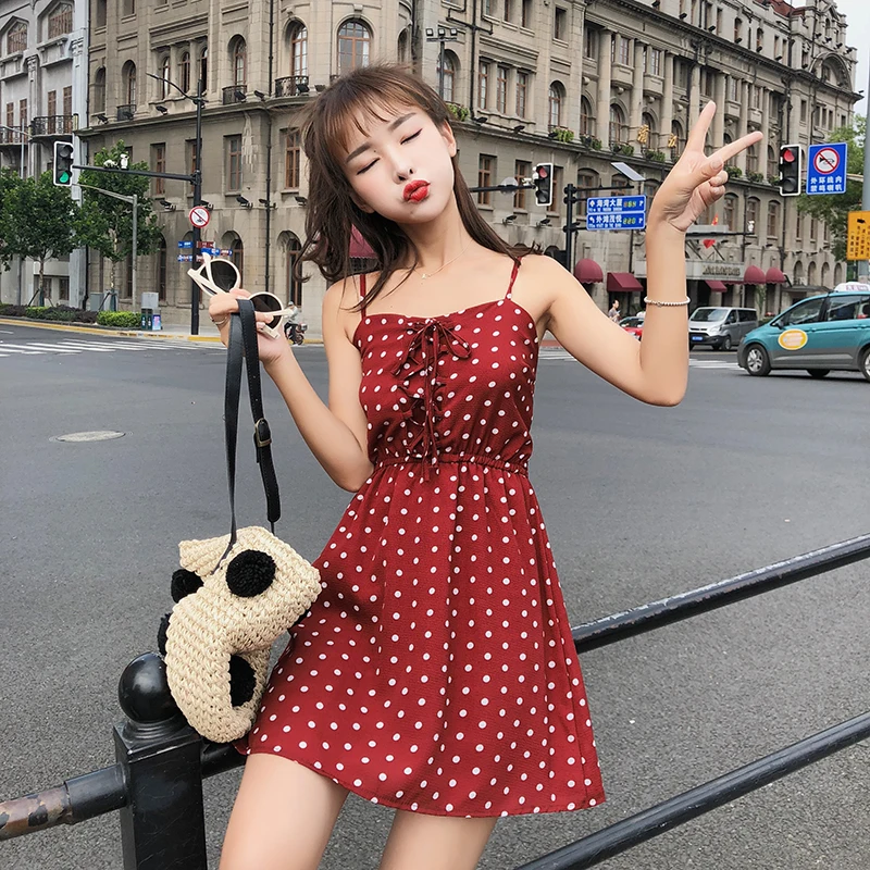 

2018 New Korean Version of Summer Sexy Small Fresh Sling Off Shoulder Dress Polka Dot College Wind Dresses Female Vestidos