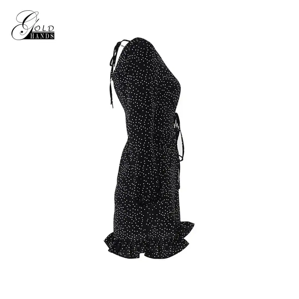 Женское Короткое платье в горошек с длинным рукавом черное повседневное уличное