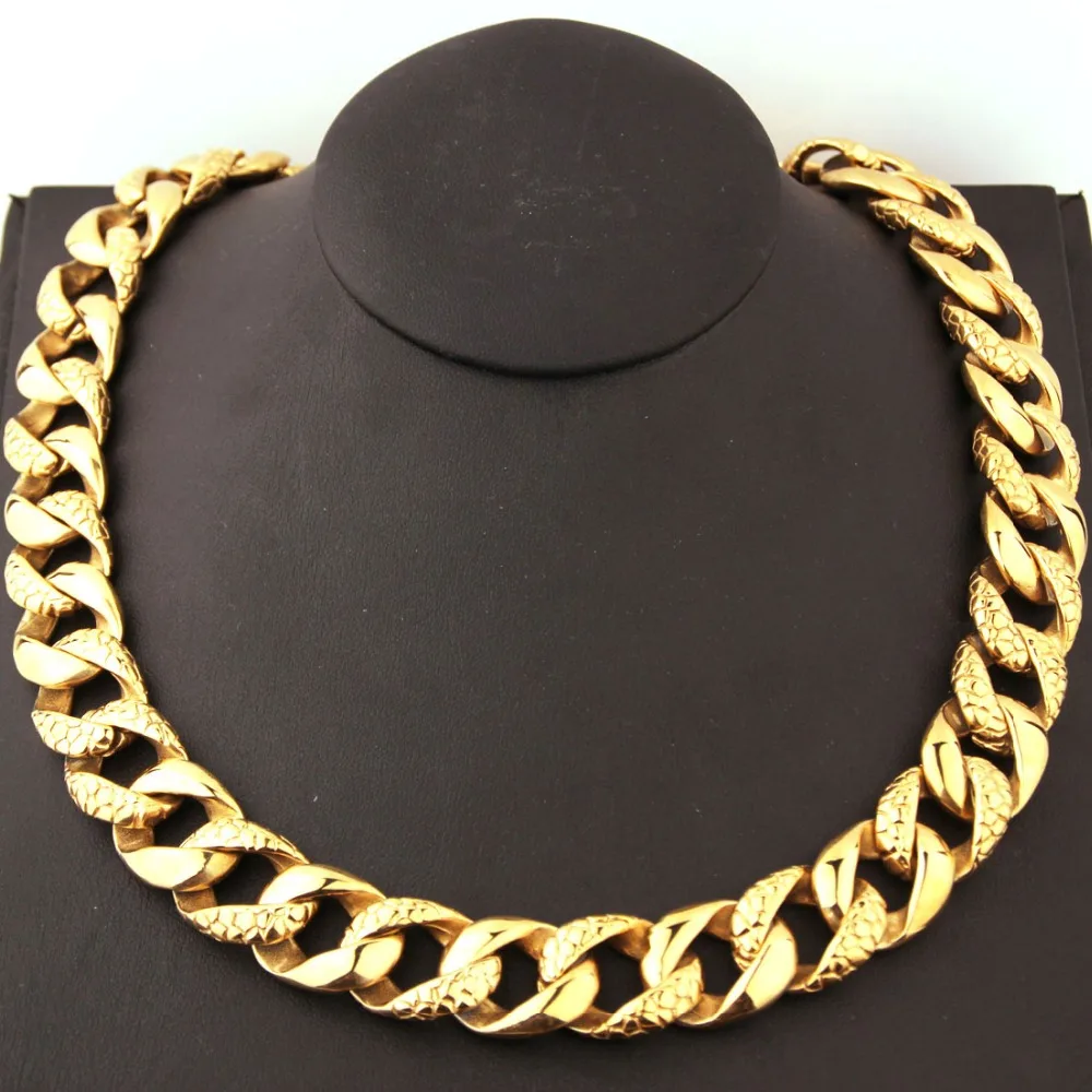 

18mm High Quality 316L Stainless Steel Gold Tone Snake Pattern Cut Cuban Curb Chain Men's Necklace Jewelry 22.5" Fashion Gift