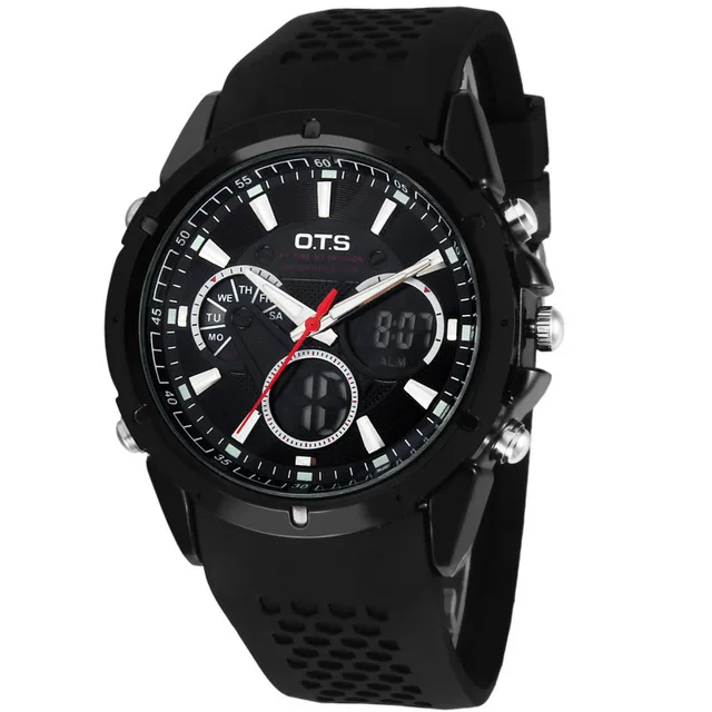 OTS спортивные часы dual time Авто Дата День светодиодный Будильник черный резиновый