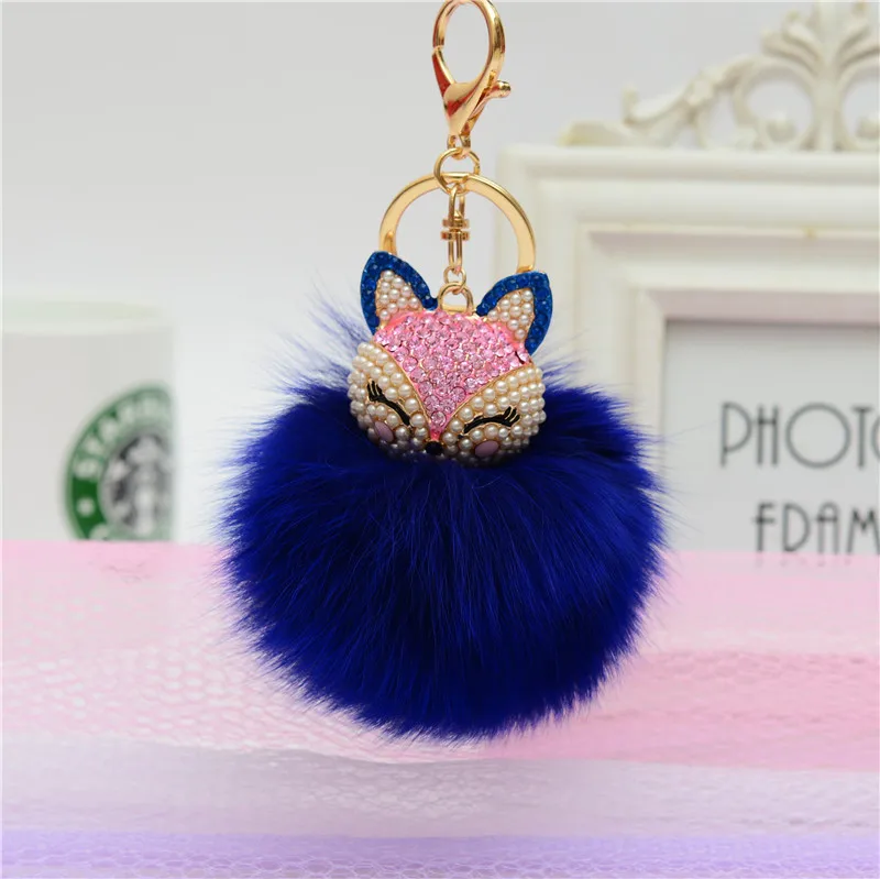 dark blue Felyskep, модные стразы, натуральный Лисий мех, помпон, мяч, брелок с сплавом, крутой мешок, подарки, брелок для женщин 017WA - Цвет: dark blue