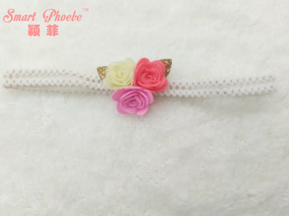 

20pcs Fashion Cute Felt 3in1 Rose Flower Glitter Gold Leaf Newborn Soft Headbands Solid Kawaii Floral Girls Hairbands Headwear