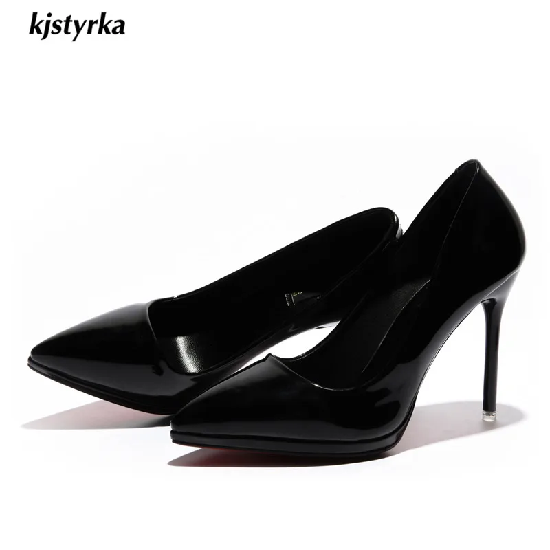 Bright leather Kjstyrka/Коллекция года; сезон весна-осень; женская обувь с острым носком; элегантные женские вечерние туфли с красной подошвой из лакированной кожи на тонком высоком каблуке; zapatos mujer - Цвет: Bright leather