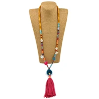 new ethnic pompoms pendants necklace pink cotton tassel long necklace boho multicolor beads necklace