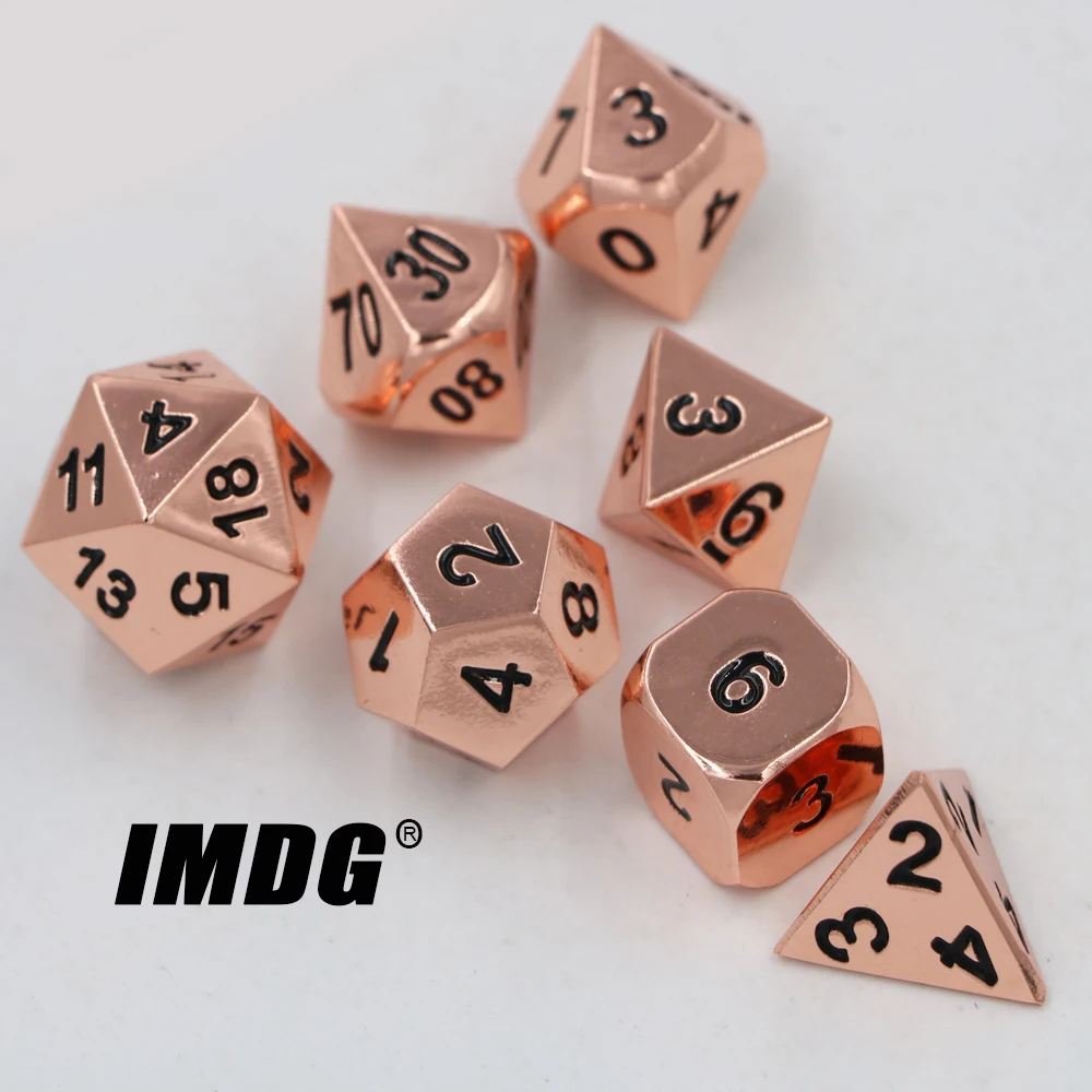 IMDG 7pcs/set Creative RPG Game Dice Polyhedron Metal Dice DND Plating Copper Digital Game Dice