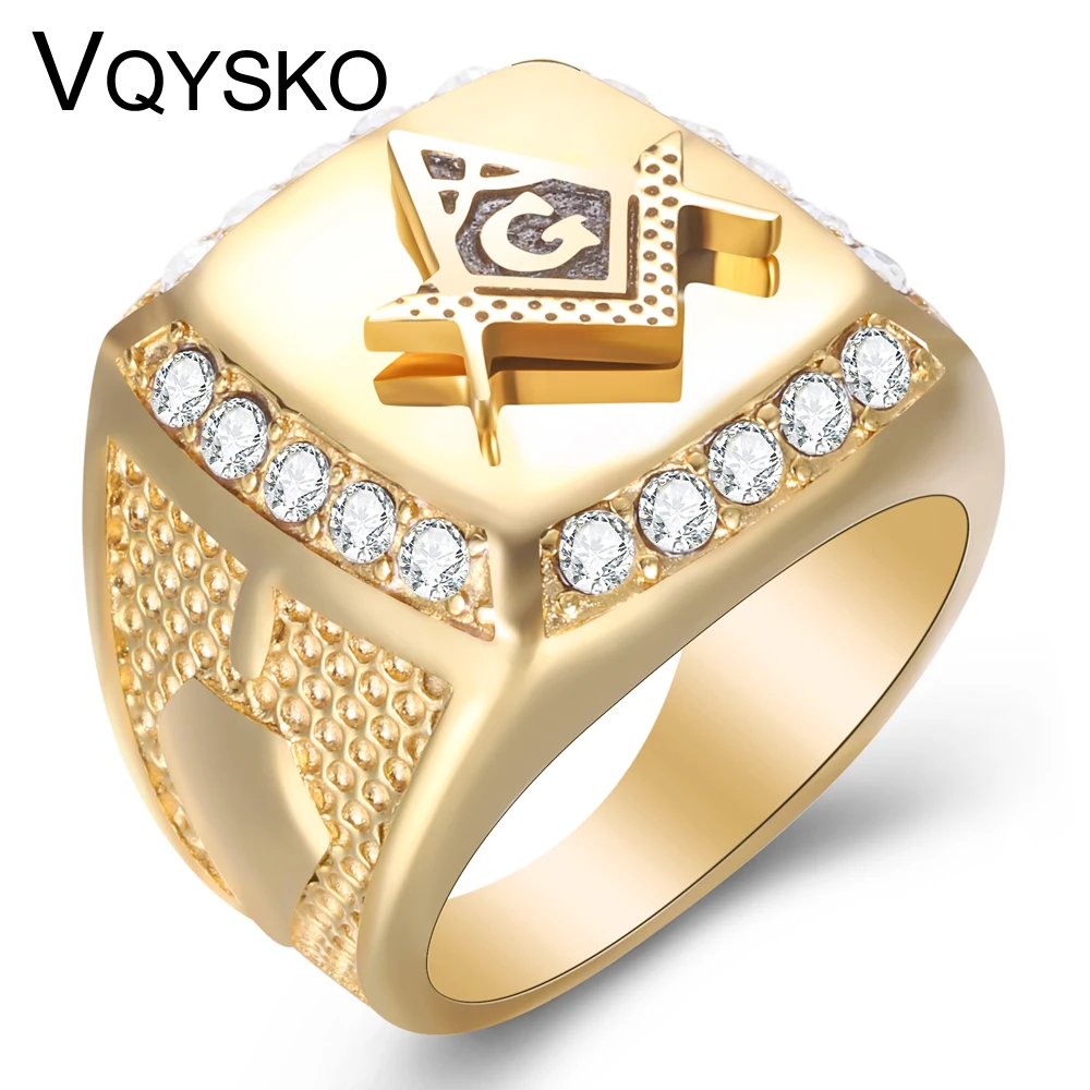 

New Arrival Bling CZ Crystal Men Rings With Freemason Masonic Free Mason Signet 316L Stainless Steel Gold Color Jewelry For Men