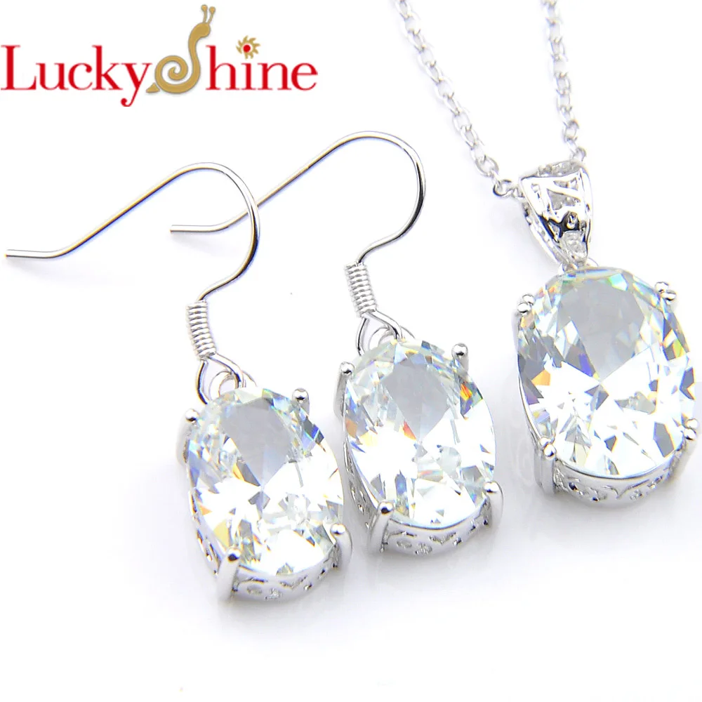 

Luckyshine Mix 2PCS 1 Set Fire Classic Oval Shine White Crystal Cubic Zirconia Silver Pendants Earrings for Jewelry Sets