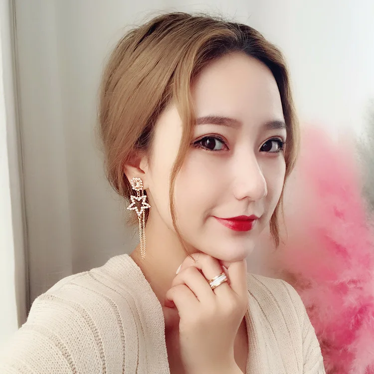 Korea Sweet Crystal Rhinestone Hollow Star Long Asymmetric Drop Earrings for Women Fashion Temperament Jewelry Brincos Wholesale | Украшения