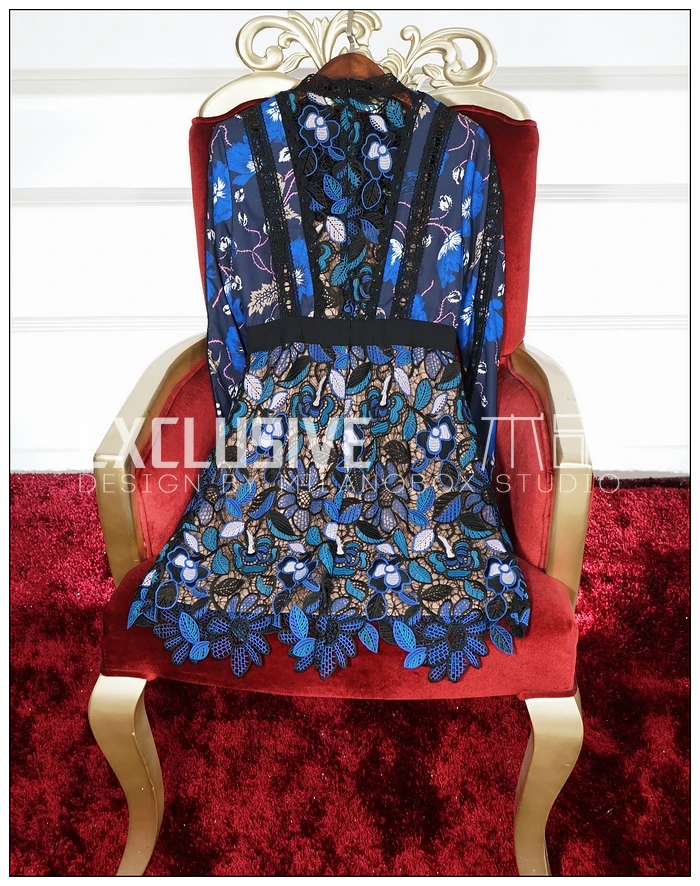 Весна 2017 Новое поступление женская одежда модное синее платье с длинным рукавом