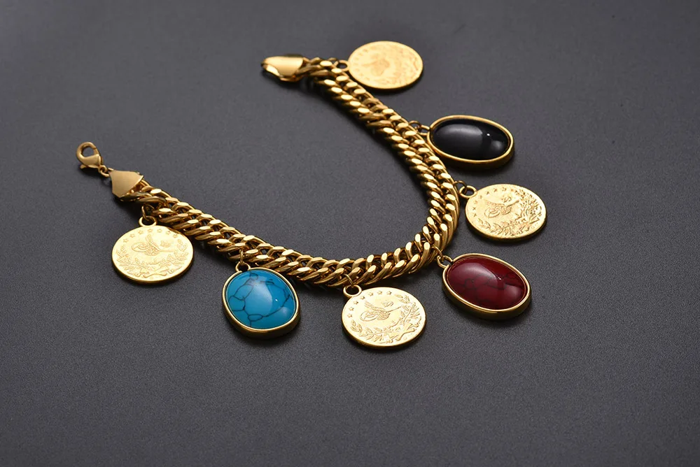 Length 22.5CM/Turkey Coin Bracelet for Women Gold Color Turks Simgesi Osmanli Turasi Muslim Islam Bangle Arab Allah Jewelry