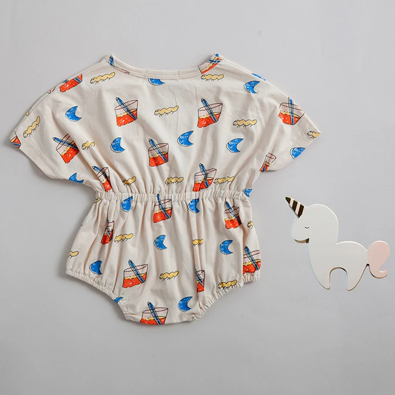 

Summer Baby Bodysuits Infant And Baby Girl Beverage Printing Short Sleeve Headscarf In One-piece Crawling Suit baby girl clothe