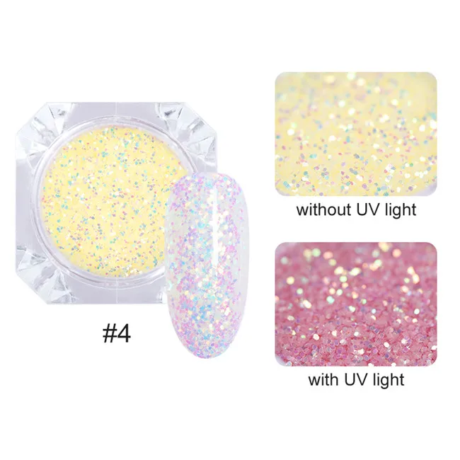 glitter4 1 коробка солнцезащитный свет УФ чувствительный меняющий цвет смешанный размер хлопья Хамелеон маникюр с блестками 3D дизайн ногтей гелевое украшение - Цвет: glitter4