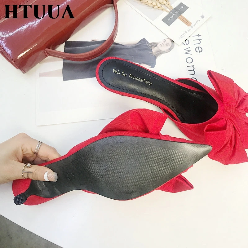 HTUUA/2019 г. летние шлепанцы в горошек с бантом женские туфли сабо острым носком