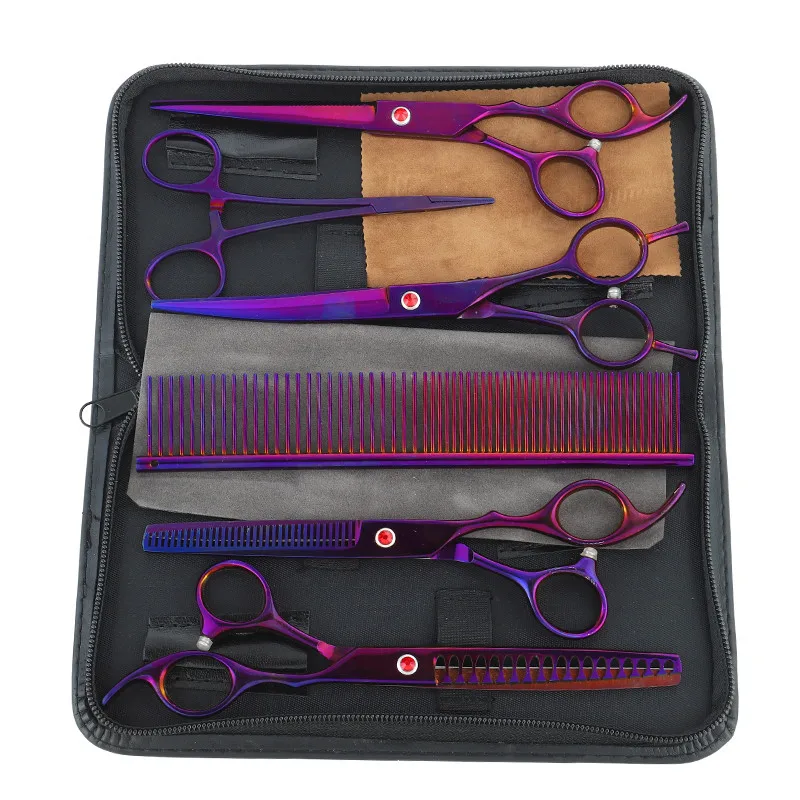 Ножницы hairdres 7,0 дюймов Профессиональные ПЭТ ножницы для стрижки собак Высокое качество Прямые и филировочные ножницы 6 шт./компл - Цвет: purple-6pc