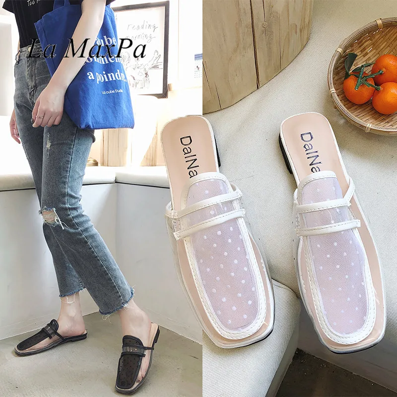 Женские туфли без задника с квадратным носком прозрачные в горошек на плоской