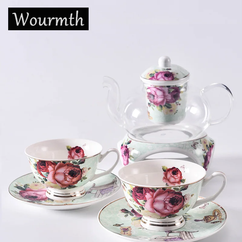 Green teapot and2cup Wourmth европейские цветочные чайные чашки чайный горшок набор может быть стекло с обогревом чайный горшок костяного фарфора чайная чашка и блюдце послеобеденный чайный Ресторан - Цвет: Green teapot and2cup