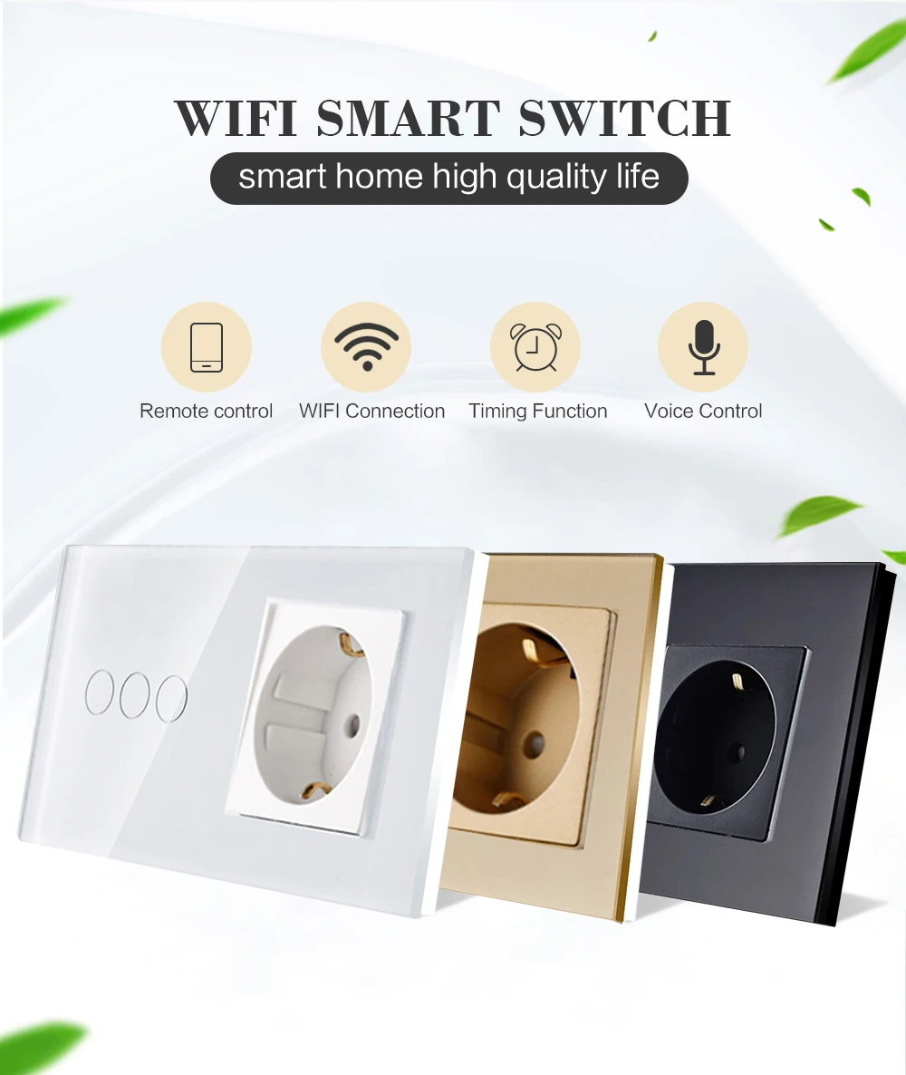 Bingoelec wifi сенсорный выключатель стандарт ЕС 3 банды 1 способ кристалл стеклянная панель Германия розетка настенный переключатель Беспроводное управление через приложение Tuya