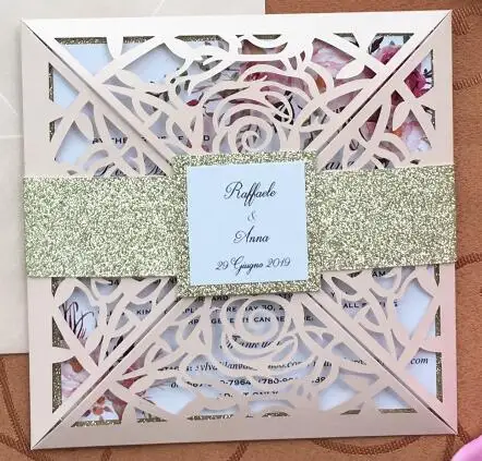 Customize printed A Светло-розовое цветочное приглашение на празднование свадьбы карты с лентой живота, индивидуальные лазерная резка приглашения карты, 100 шт, экспресс - Цвет: Customize printed A