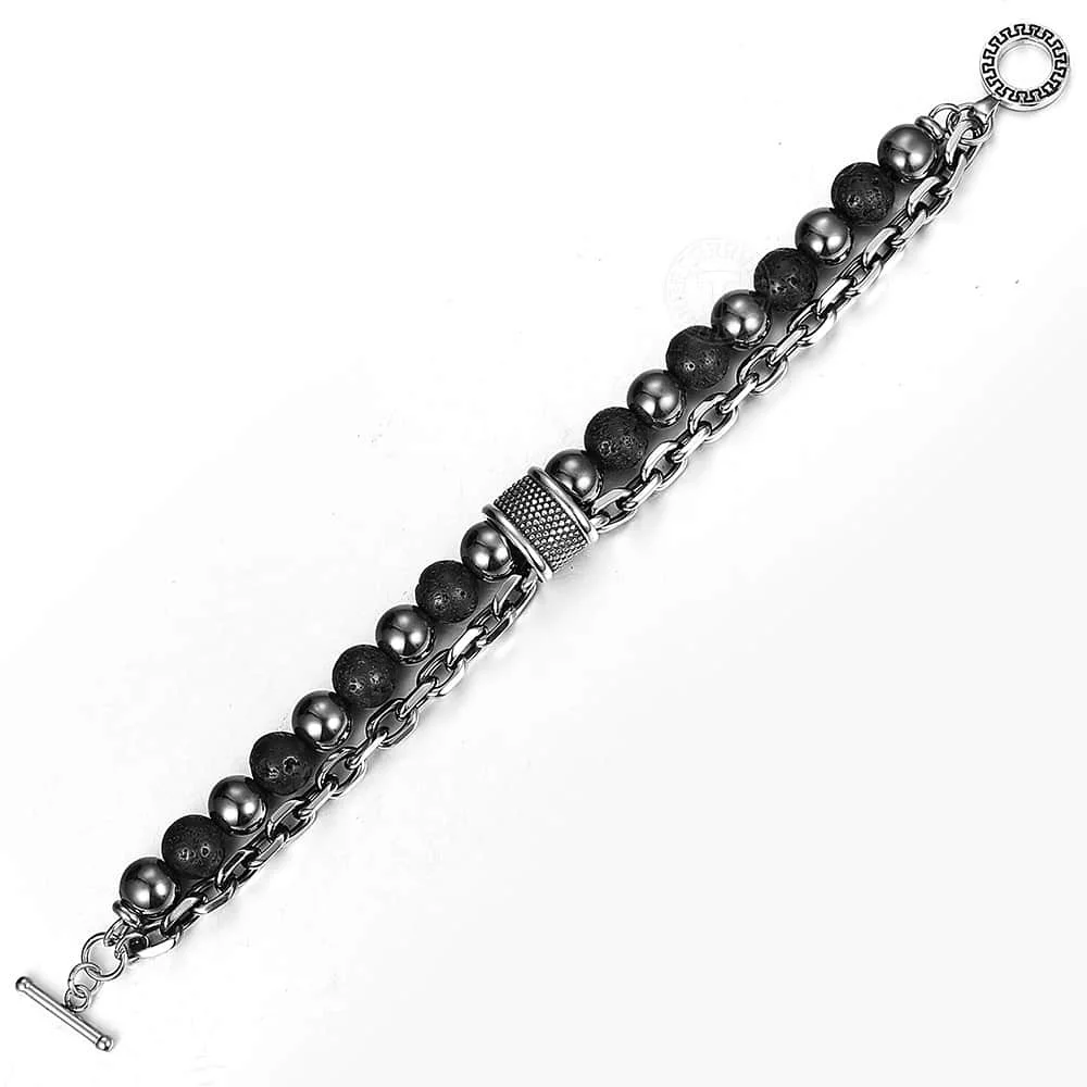 

Double Layers Beads Bracelet for Mens Stainless Steel Rolo Chain Bracelet Natural Lave Stone Hematite Metal Wristband LTBX00905
