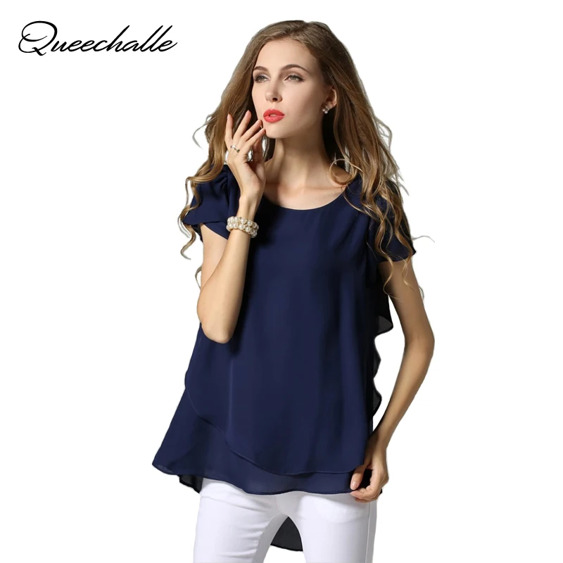 Chiffon blouse Summer ruffle short sleeve loose casual shirts Yellow Navy White Black women blouse tops female clothing