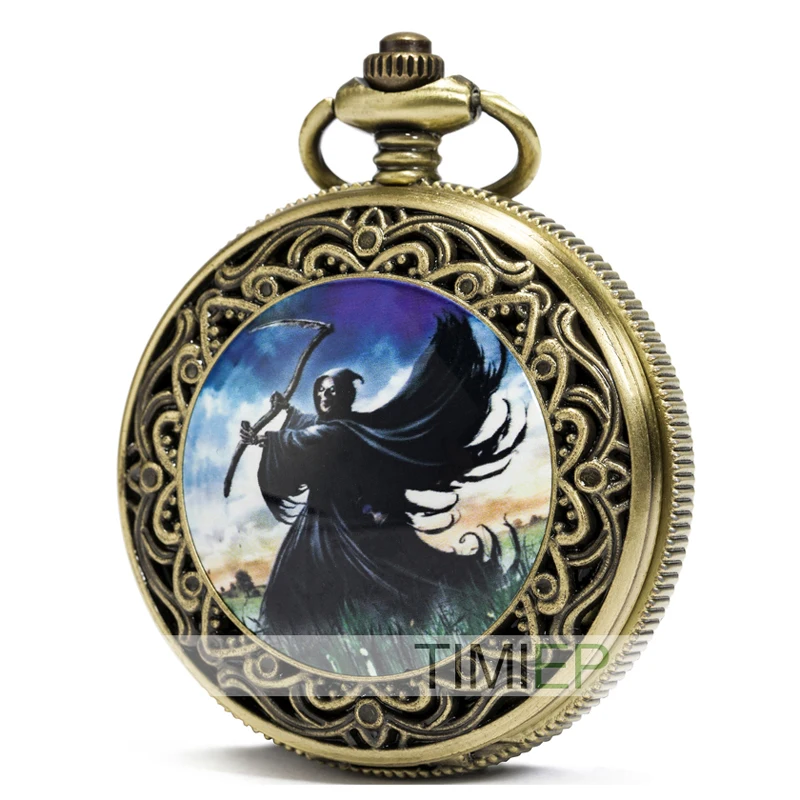 SEWOR модные бронзовые Кварцевые эмали Grim Reaper карманные часы + кожаная подарочная