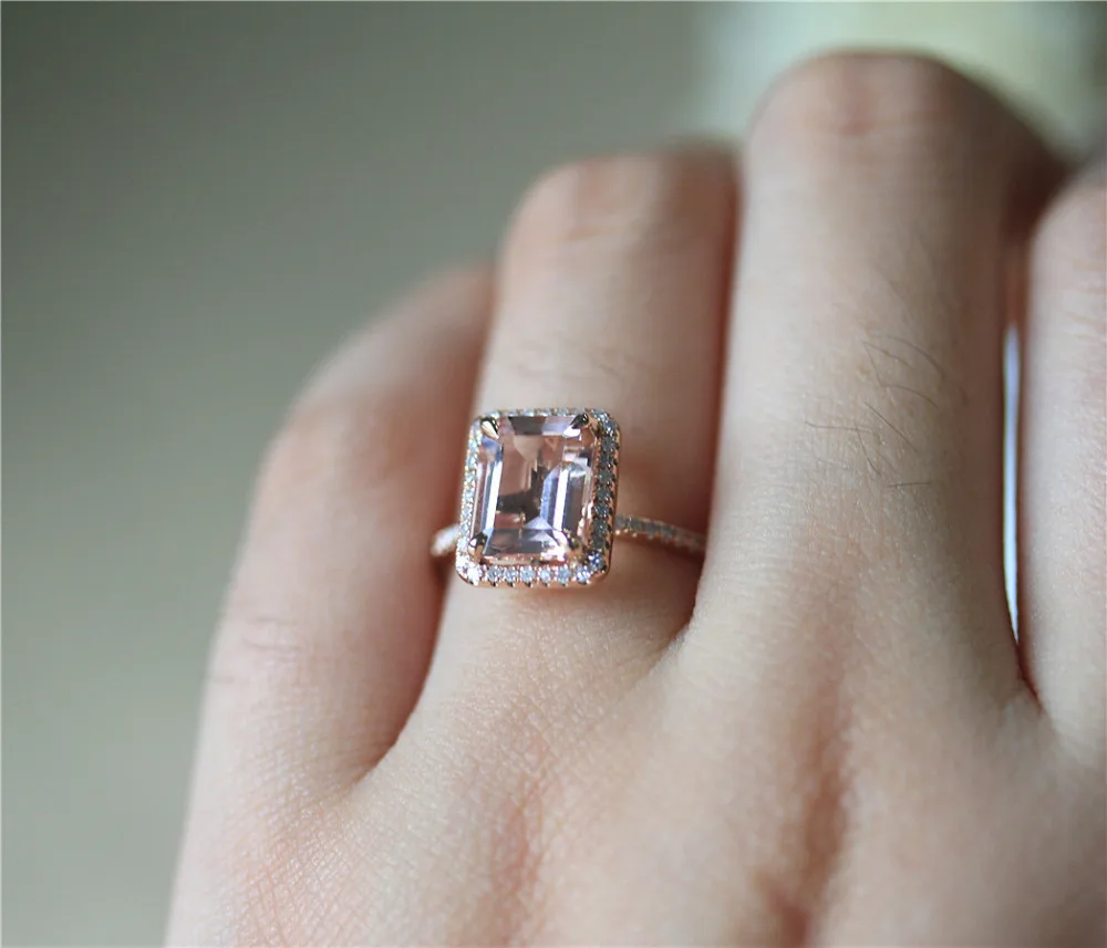 

DUPUY VS 7X9MM Emerald Cut Morganite Ring Solid Stackable 14K Rose Gold Engagement Ring Diamonds Halo Half Eternity Gift For Her