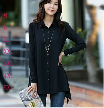 

New Plus Size Black Women Blouse Spring Summer Loose Long Sleeves Solid Chiffon Shirt Female M-5XL Blusas Femininas Tops