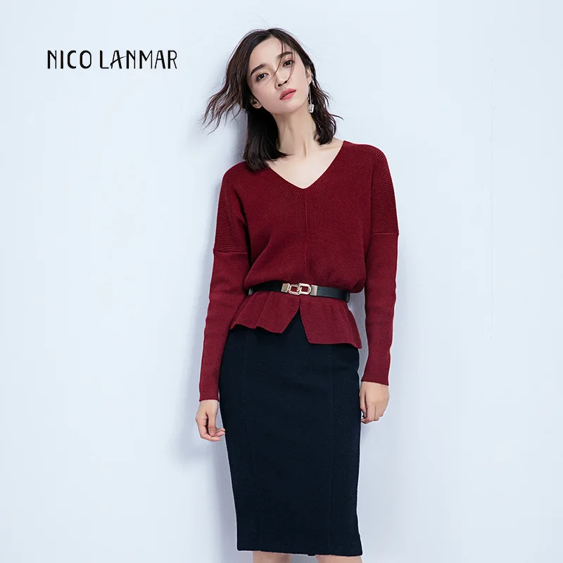 

2019 Autumn Winter New Clothes Women's Cotton Pullovers V-neck Elegant Female Tops Knitted Sweater Ladies Slim Casual Pullover