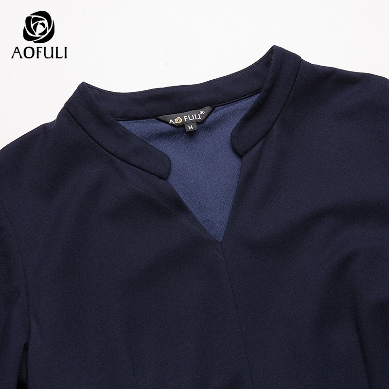 AOFULI M/L/XL/XXL Женское зимнее платье большого размера синее тонкое с длинным рукавом