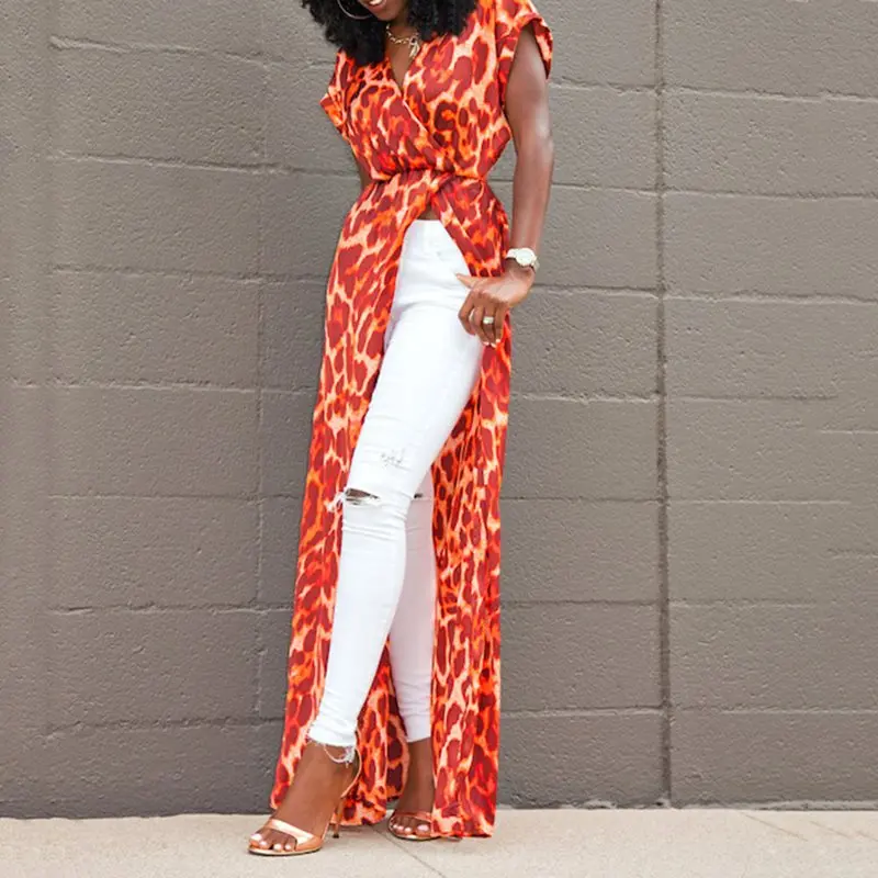 Женская Длинная блузка с леопардовым принтом Пляжная рукавом летучая мышь в