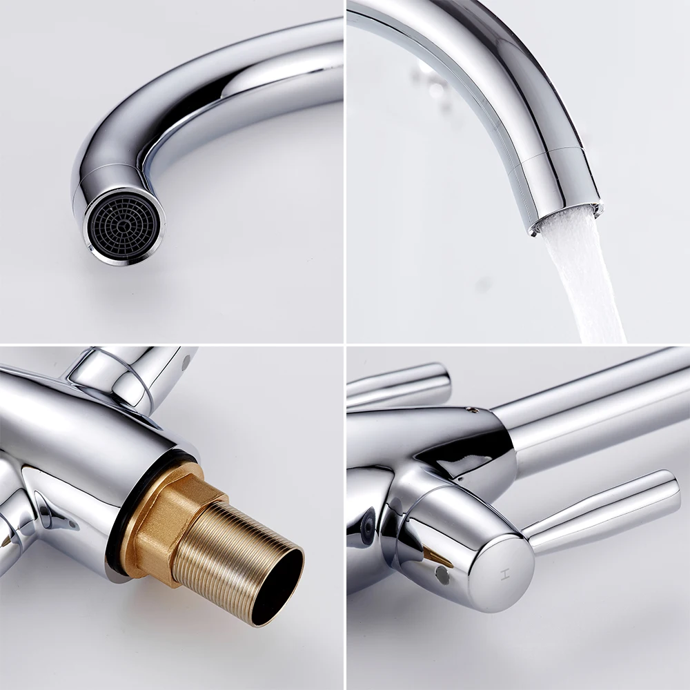 Contemporary Kitchen Faucet Cold and Hot Water Chrome Kitchen Tap 360 Degree RotateTwo Handles Swivel Spout Sink Mixer Tap