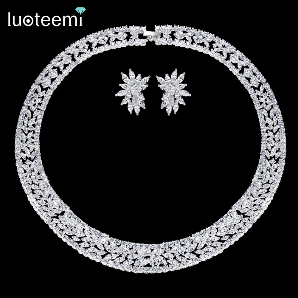

LUOTEEMI New Luxurious Gorgeous Micro Paved Crystal Cubic Zirconia Flower Earrings Necklace Chocker Bridal Wedding Jewelry Sets