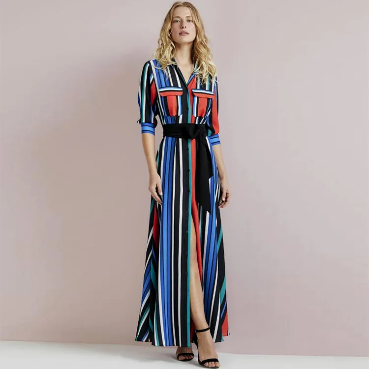 

S-4XL high quality 2020 new fashion color striped print loose version of the belt belt split straight temperament casual dress
