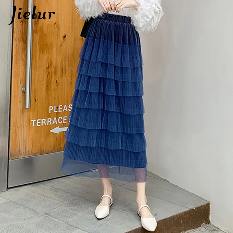 Jielur Mesh Pleated Skirt Women Summer High Waist A-line Solid Color Sexy Long Black Pink Casual Faldas Mujer Moda 2021 | Женская одежда
