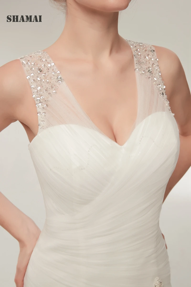 

Mermaid Wedding Dresses 2020 Wedding Gowns Beaded Pleated Tulle Bride Dress Vestido De Noiva Cheap Real Photo Robe De Mariee