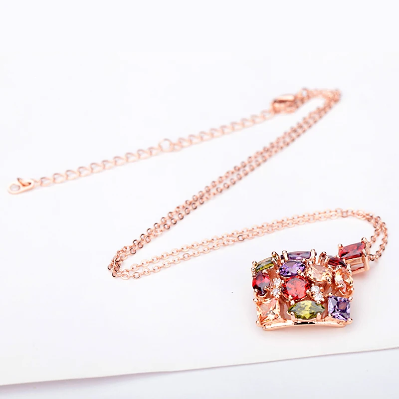 LUOTEEMI New Fashion Women Square Colorful Zircon Pendant Necklace Rose Gold Color for Anniversary Jewelry Wholesale|fashion necklace|necklace