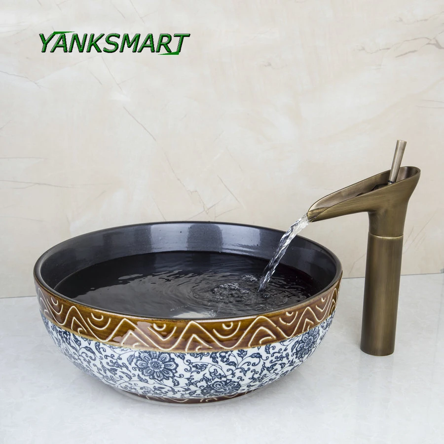 

YANKSMART Bathroom Retro Blue & White Porcelain Ceramic Bowl Sink Vessel Basin With Brass Waterfall Faucet Set Deck Mounted Tap