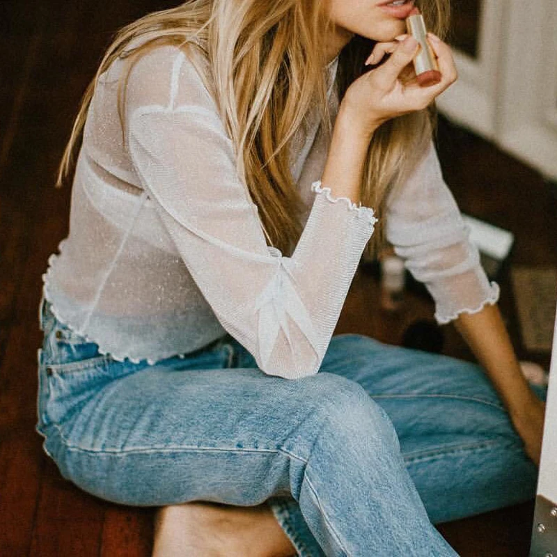 Новинка женская сексуальная блестящая сетчатая блузка с длинным рукавом