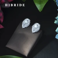 hibride 2019 new arrival snow flower design women big stud white pearl earrings with cubic zirconia christmas gift e 135