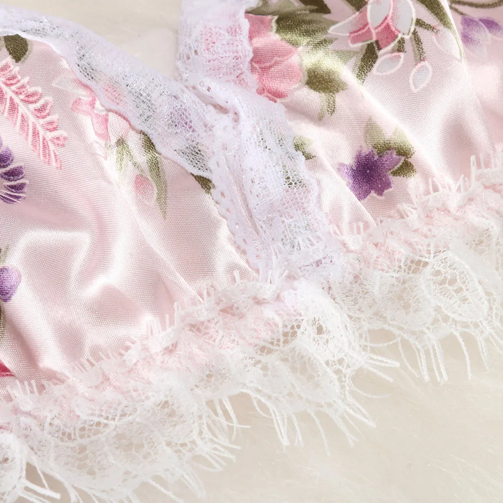 Розовый женский пижамный комплект с цветочным принтом Кружевной укороченный топ