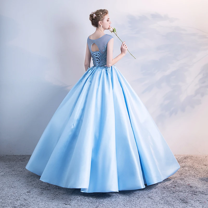 SSYFashion Новое роскошное сатиновое светло-голубое вечернее платье без рукавов