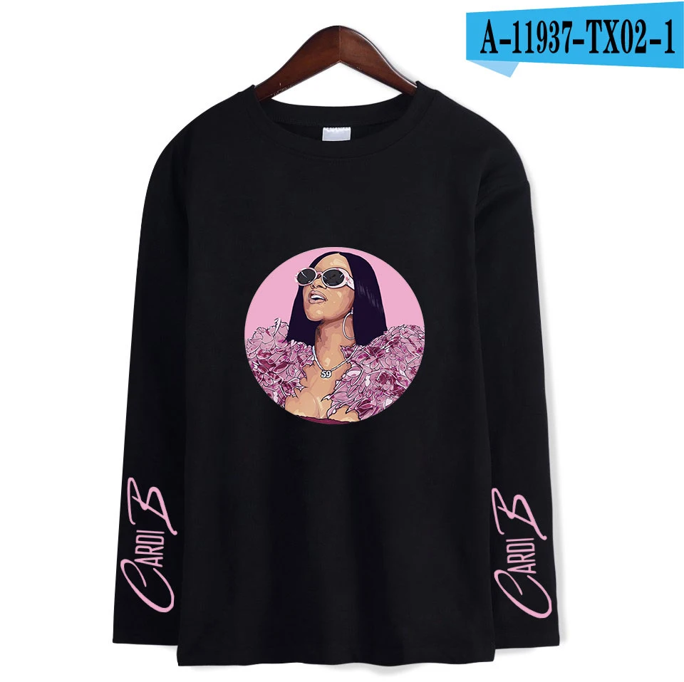 Cardi B стильная мягкая женская футболка с круглым воротником популярный классный хип-хоп классический хипстер Harajuku Уличная Повседневная футболка с длинными рукавами - Цвет: black