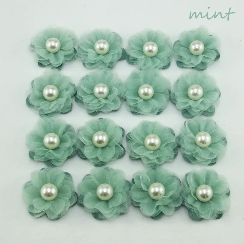 mint green 24 шт./пакет ручной работы DIY для создания искусственных цветов 4 см Шифоновый Цветок для волос для самостоятельного изготовления невесты украшение в виде свадебного букета, украшенное цветами и бусинами - Цвет: mint green