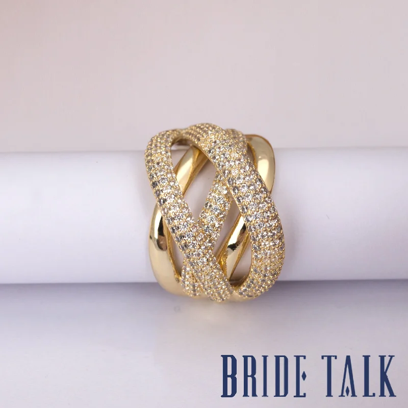 Golden-Color Модные брендовые Роскошные ювелирные изделия с кубическим цирконием, кольца с переплетенными линиями для помолвки, свадебные вечерние кольца - Цвет основного камня: Golden-Color
