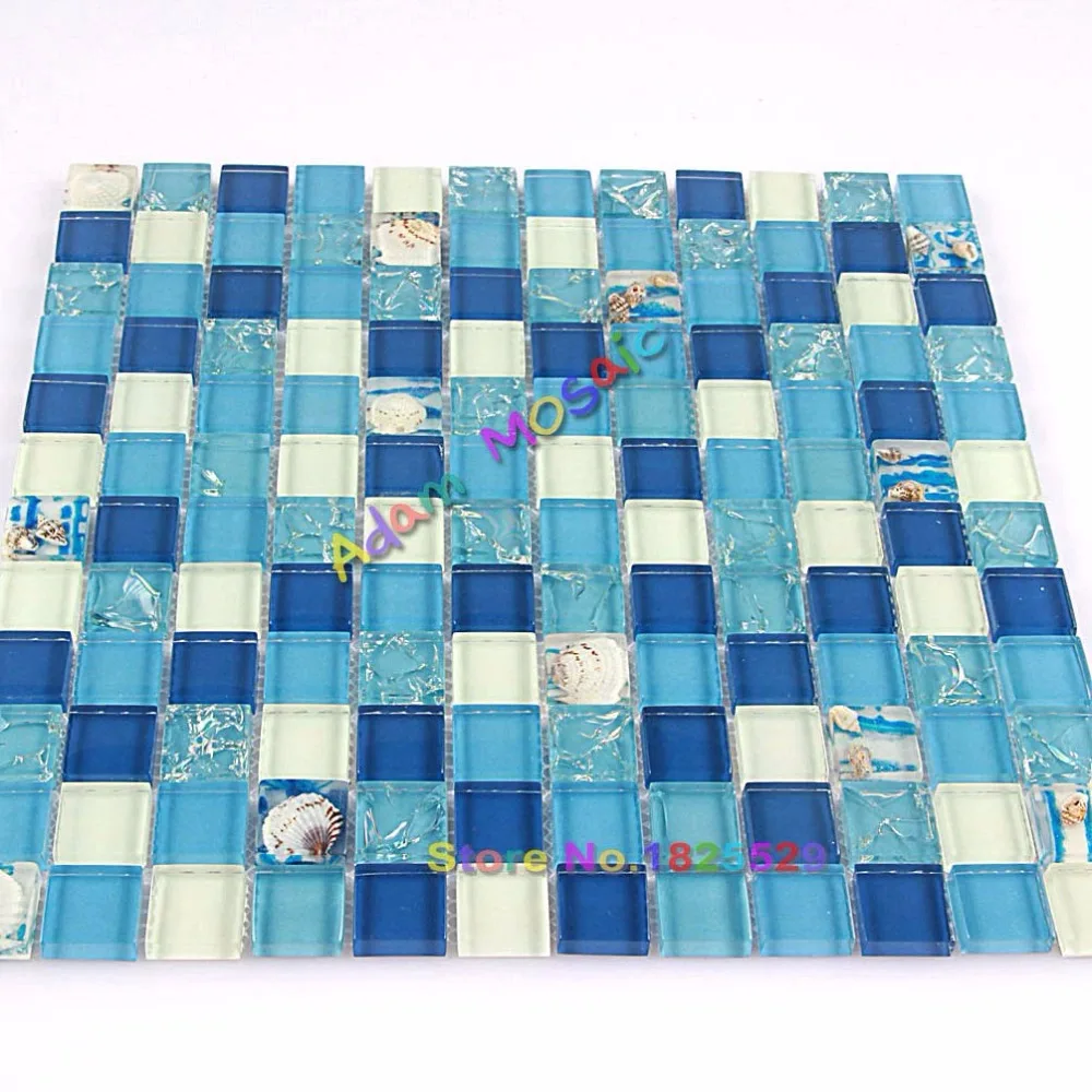 Crystal Mosaic tiles Crackle Glass Tile Blue And White Sea Shell For Bathroom Shower Backsplash Kitchen Subway | Обустройство дома
