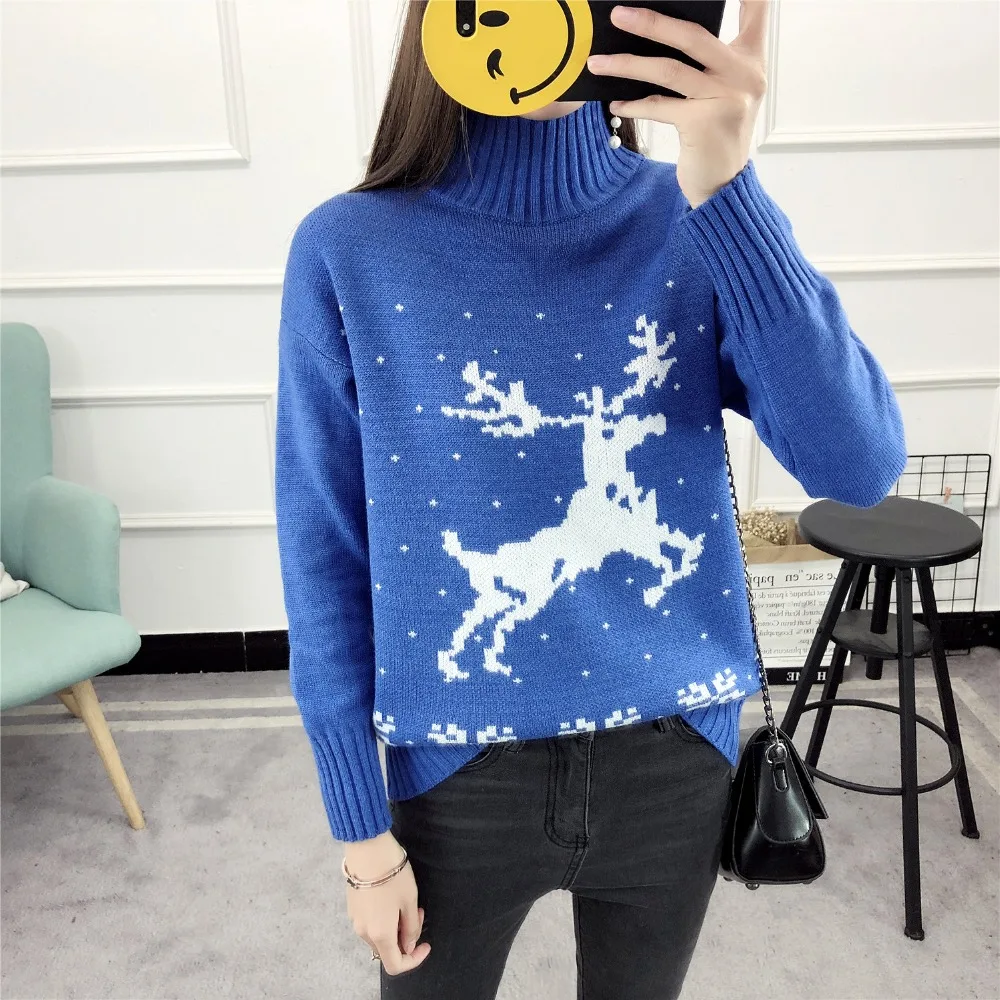 

Autumn Winter Women Turtleneck Christmas Sweaters Pullover Female Long sleeve Thicken Warm Embroidery Deer Loose Jumpers Tops