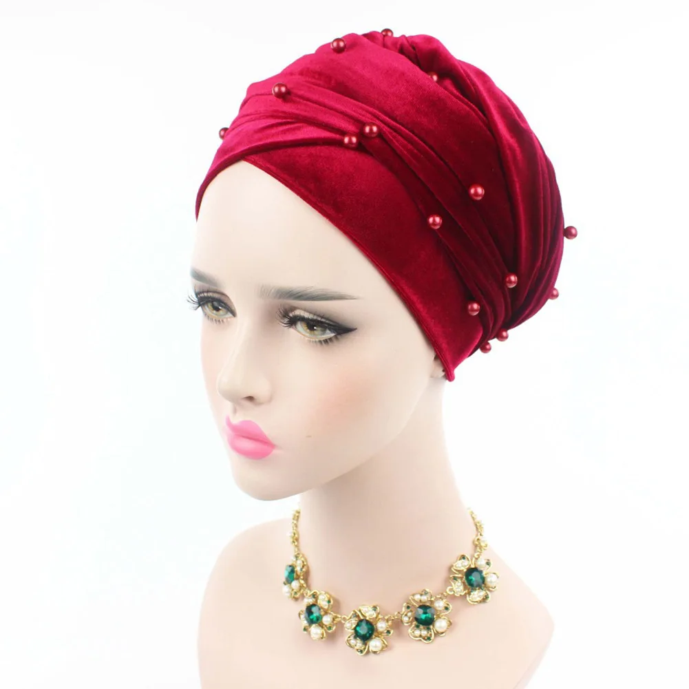dark red Женские Роскошные Жемчужные бархатные длинные банданы, выпадение волос, головной убор, шапка, мусульманский тюрбан, индийский длинный шарф-снуд на голову, хиджаб - Цвет: dark red