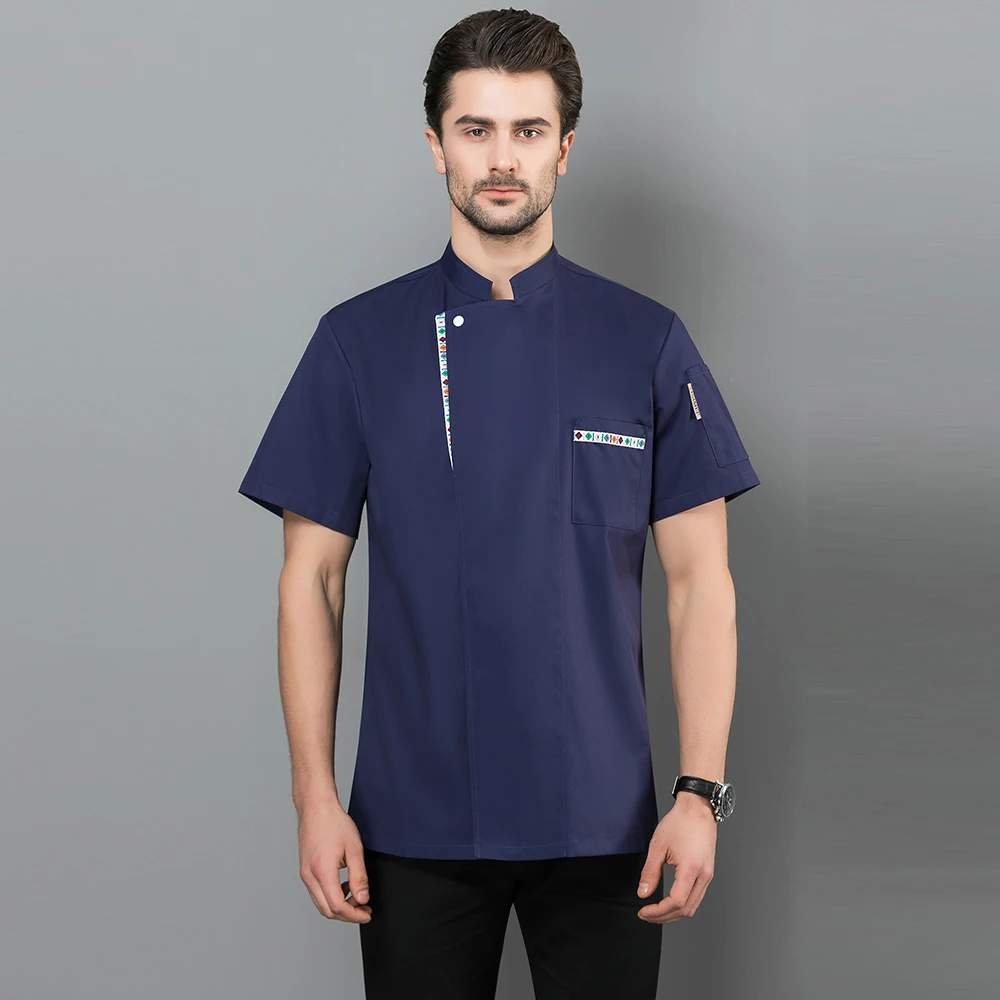 Men blue Высокое качество повара одежда повара пекарня костюмы Парикмахерская Кафе Кухня Ресторан Униформа рубашки летние дышащие топы - Цвет: Men blue