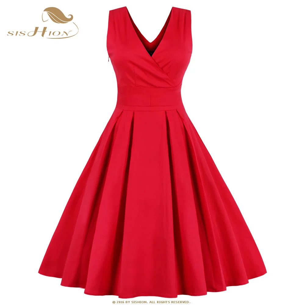 

SISHION S-4XL Women Red Dress Double V Neck Swing Casual Retro Vintage 1950s 60s Rockabilly Dress Tunic Vestidos VD410